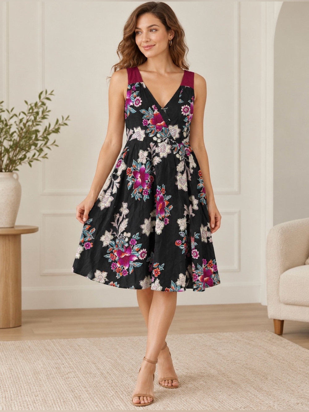 DIMRI Black Floral 100% Cotton Sleeveless V-Neck Fit & Flare Dress